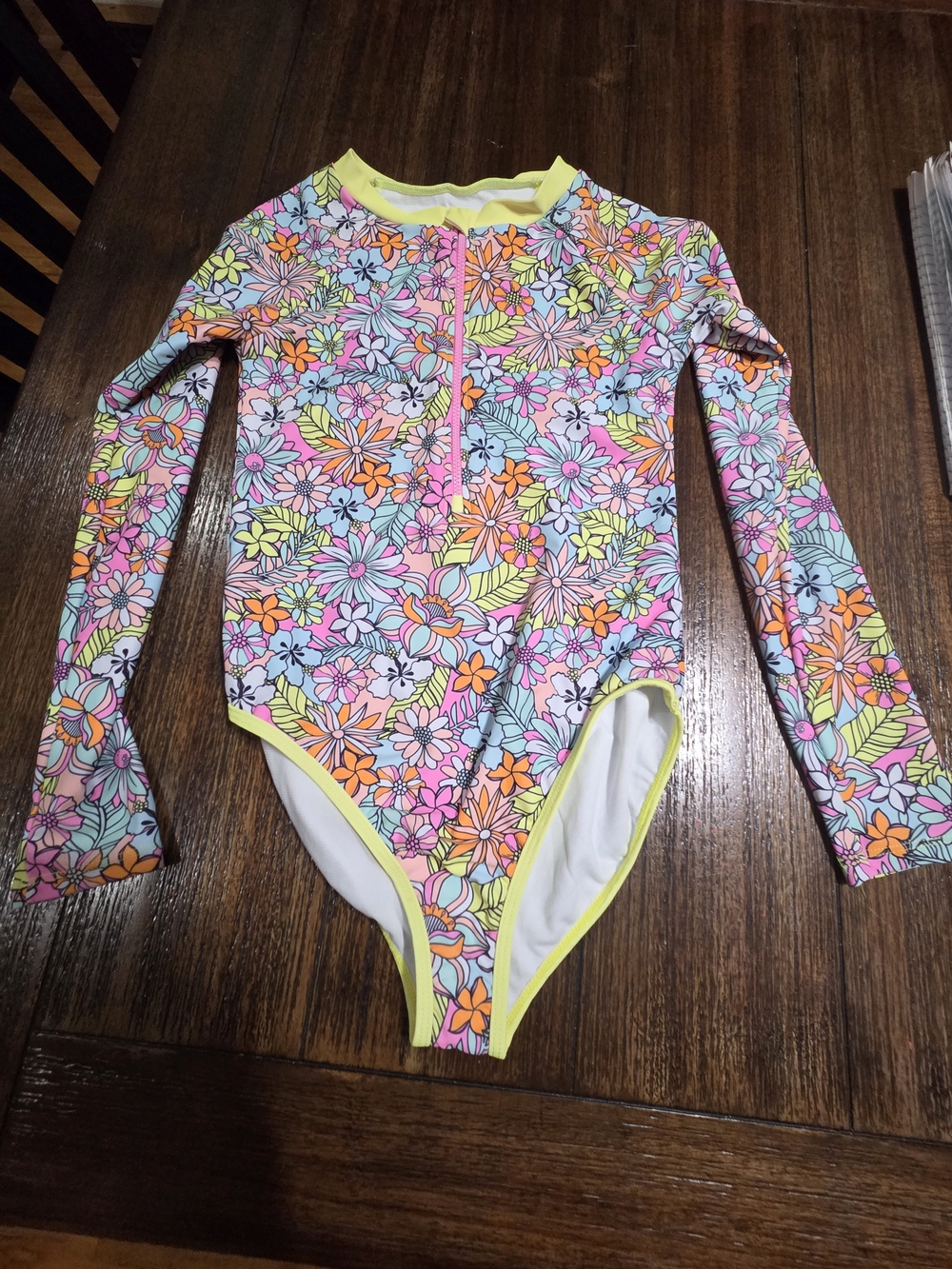btween Kids Floral Long-Sleeve Rashguard Swimsuit - Yellow Trim